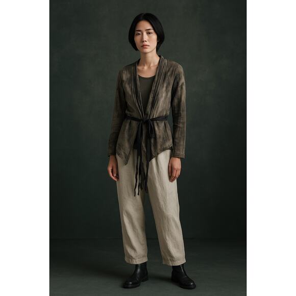 Pas de Calais Linen Blend Hand Dyed Belted Blouse Grey Tie Dye 36 Sheer Size 4 - Picture 1 of 10